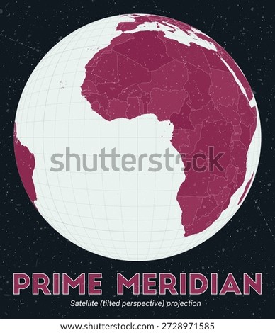 Prime Meridian. World map. Satellite (tilted perspective) projection centered to Prime Meridian. Pale Mint Dark Pink palette. Vintage texture. Appealing vector illustration.