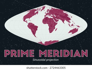 Meridiano Primo. Mapa do mundo. Projeção sinusoidal centrada no meridiano primário. Paleta de menta pálida rosa escuro. Textura vintage. Ilustração vetorial clássica.