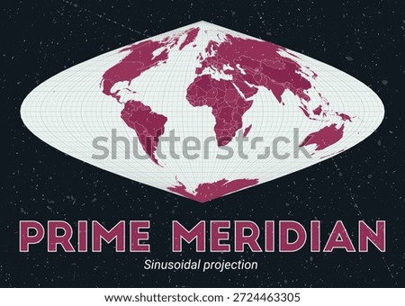 Prime Meridian. World map. Sinusoidal projection centered to Prime Meridian. Pale Mint Dark Pink palette. Vintage texture. Classic vector illustration.
