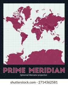 Meridiano Primo. Mapa do mundo. Projeção esférica de Mercator centrada em Prime Meridian. Paleta de menta pálida rosa escuro. Textura vintage. Ilustração de vetor criativo.