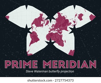 Primer Meridiano. Mapa mundial. Proyección de la mariposa de Steve Waterman centrada en Prime Meridian. Pale Mint Dark Pink. Textura de Antiguas. Ilustración vectorial vibrante.