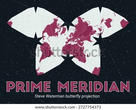 Prime Meridian. World map. Steve Waterman butterfly projection centered to Prime Meridian. Pale Mint Dark Pink palette. Vintage texture. Vibrant vector illustration.