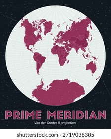 Meridiano Primo. Mapa do mundo. A projeção de Van der Grinten II é centrada em Prime Meridian. Paleta de menta pálida rosa escuro. Textura vintage. Ilustração do vetor de tendências.
