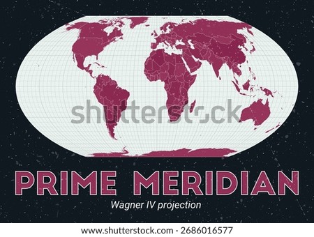 Prime Meridian. World map. Wagner IV projection centered to Prime Meridian. Pale Mint Dark Pink palette. Vintage texture. Stylish vector illustration.