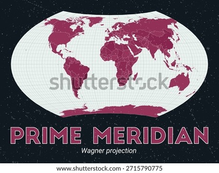 Prime Meridian. World map. Wagner projection centered to Prime Meridian. Pale Mint Dark Pink palette. Vintage texture. Captivating vector illustration.