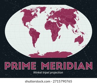 Meridiano Primo. Mapa do mundo. Projeção tripla de Winkel centrada em Prime Meridian. Paleta de menta pálida rosa escuro. Textura vintage. Ilustração de vetor elegante.