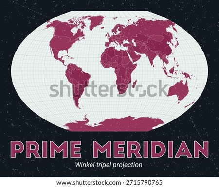 Prime Meridian. World map. Winkel tripel projection centered to Prime Meridian. Pale Mint Dark Pink palette. Vintage texture. Classy vector illustration.