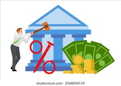 Prime rate. Red percent and nail. Man drives a nail with a hammer. Bank building, bills and coins. Vector simple color flat illustration.