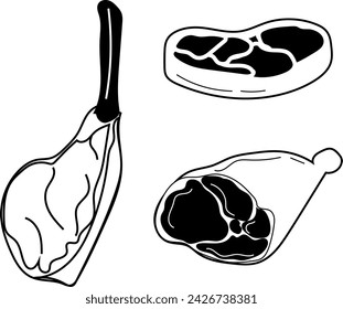Costilla, bistec de ternera y jamón de Parma | Vector Lineart - Negro