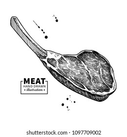 Prime rib vector drawing. Beef, pork or lamb Red meat hand drawn sketch. Engraved raw food illustration. Vintage object. Butcher shop product. Great for label, restaurant menu. 