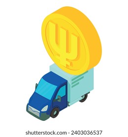 Primecoin cryptocurrency icon isometric vector. Primecoin coin and cargo vehicle. Digital money, cryptocurrency concept