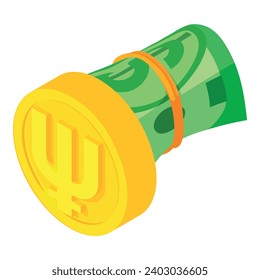 Primecoin cryptocurrency icon isometric vector. Primecoin coin and dollar bill. Digital money, cryptocurrency concept