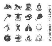 Primeval Ancient Prehistoric Caveman. Included the icons as mammoth, hunting, dinosaur, meat, survival, stone age and more.