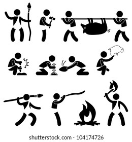 Primitive Ancient Prehistoric Caveman Man Human Using Tool And Equipment Icon Symbol Sign Pictogram