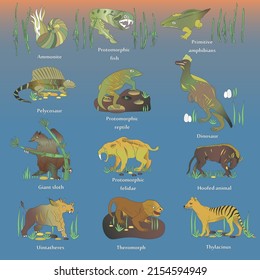 Primitive animals on prehistoric land. 