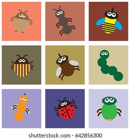 Primitive application of insects, flies, bees and beetles on a colored background.