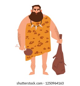 Primitive archaic man dressed in clothes made of animal skin and holding cudgel. Caveman from Stone Age. Male character isolated on white background. Colored vector illustration in flat cartoon style.