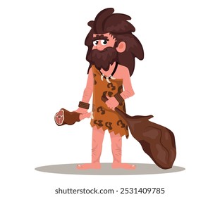 Primitivo hombre arcaico vestido con ropa hecha de piel de animal y sosteniendo abrazos. Hombre de las cavernas de la Edad Stone. Personaje masculino aislado sobre fondo blanco. Ilustración vectorial de color en estilo plano de dibujos animados.