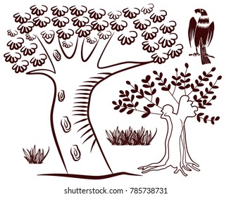 Primitive art of nature. Olive tree and an oak with hollows in it. Also there is a condor on the right side corner. Isolated on white background.
