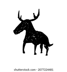 Primitive art. Silhouette of deer or bull. Stone Age tribal mural print