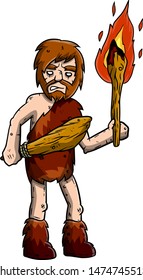 Primitive bearded man in clothes made of animal skin. Torch and a club for hunting in the hand. Prehistoric character.