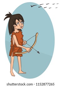 primitive boy with bow and arrow,  vector cartoon illustration of stone age hunter