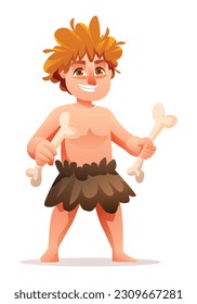 Carácter masculino primitivo. Ilustración de dibujos animados de niños de la edad prehistórica de piedra