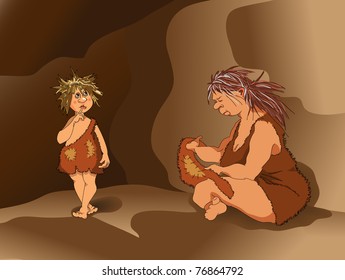 Primitive Boy And A Woman In The Cave