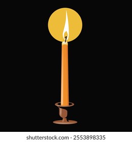 Primitive burning candle on black background. Vector illustration