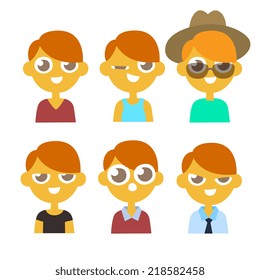 primitive cartoon flat style character emotions, vector illustration
