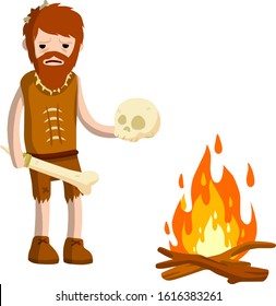 Primitive cave man dressed in hide. Prehistoric Neanderthal with skull and bone. Campfire with sticks. Cartoon flat illustration