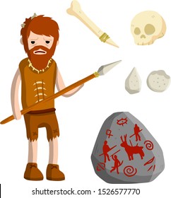 Primitive cave man dressed in skins with weapons for hunting. Spear, stick, bone, skull, stone tool, prehistoric art. Bearded guy. Cartoon flat illustration