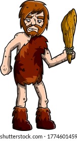 Primitive cave man dressed in skins with weapons for hunting. Stone age. Bearded caveman with club.