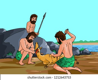 Primitive Cave man with hunting animal