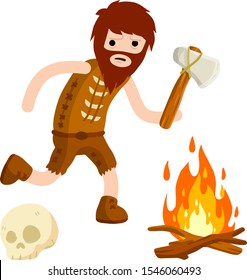 Primitive cave man. Neanderthal man run to hunt with stone axe. set of old items for survival. Stone hammer, skull, fire. Cartoon flat illustration. Clothing from skins