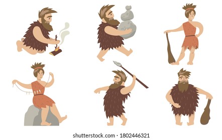 Primitive Höhlenbewohner setzen. Alte Mann und Frau, die Feuer kontrollieren, Steine tragen, mit Speeren jagen und Kugel. Für Primitive, Anthropologie, prähistorisches Zeitkonzept