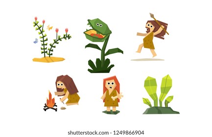Primitive cave people set, cute geometric prehistoric neanderthal man and woman, carnivorous plant vector Illustration