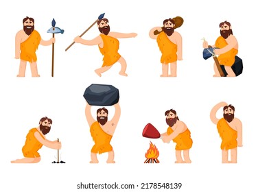 primitive cave people. wild aggressive prehistoric barbarian characters in action poses hunting eating fighting. Vector cartoon cave persons