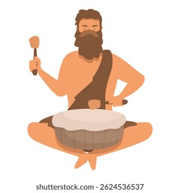 Primitive caveman character playing drum using animal skin and wood