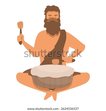 Primitive caveman character playing drum using animal skin and wood