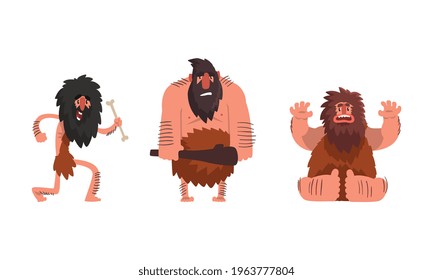 Primitive Caveman Characters Set, Funny Stone Age Archaic Men Cartoon Vector Illustration