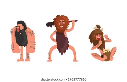 Primitive Caveman Characters Set, Funny Stone Age Archaic Men Dressed in Animal Skin Cartoon Vector Illustration