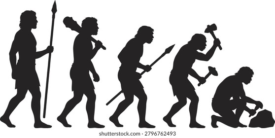Primitive caveman evolution and development from early hominid using stone tools to upright hunter with spear, silhouette illustration