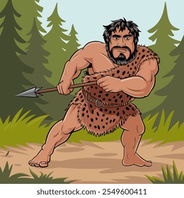 Homem das cavernas primitivo segurando uma lança, pronto para caçar na floresta.