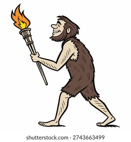 Primitive caveman holding up a torch. Prehistoric neanderthal character. Colorful isolated vector illustration on white background