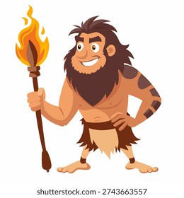 Primitive caveman holding up a torch. Prehistoric neanderthal character. Colorful isolated vector illustration on white background