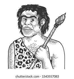 Primitive caveman human sketch engraving vector illustration. T-shirt apparel print design. Scratch board style imitation. Black and white hand drawn image.