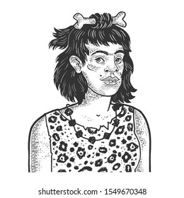 Primitive caveman human woman sketch engraving vector illustration. T-shirt apparel print design. Scratch board style imitation. Black and white hand drawn image.
