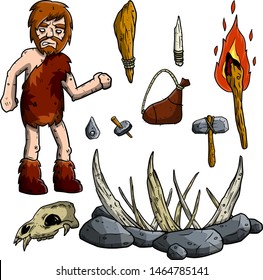 Primitive caveman. Neanderthal in the skin. Set of tools for hunting. Cartoon hand drawn illustration. Wooden cudgel, torch with stick, trap for mammoth, stone ax and sickle, knife.