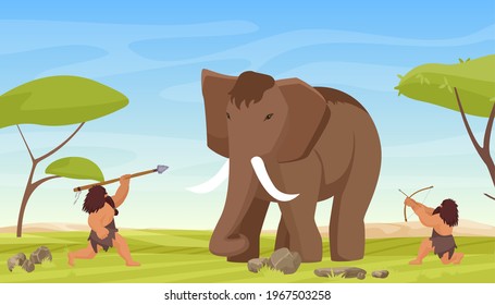 Primitive Caveman People Hunt Ancient Woolly Mammoth Vector Illustration. Cartoon Primeval Savage Hunters, Man Characters Hunting Prehistoric Wild Animal With Bow, Arrows And Spears Weapon Background